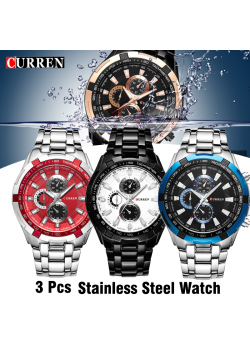 3 Pcs Curren Stainless Steel Watch For Men,8023,Black White 